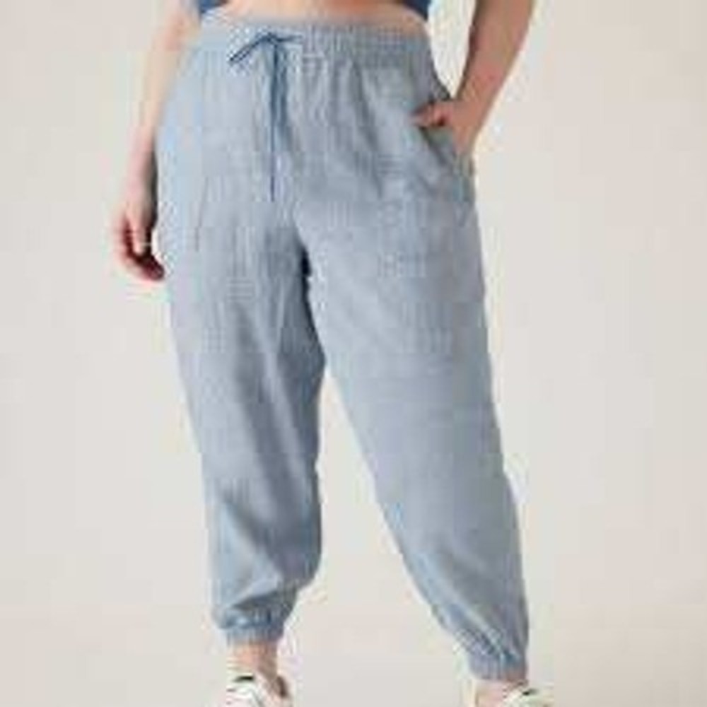 Athleta Cabo Linen Jogger Pants Blue Chambray Size 16 Drawstring Elastic Waist